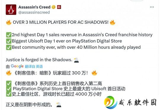 《刺客信条：影》玩家超300万 IGN质疑不公布销量